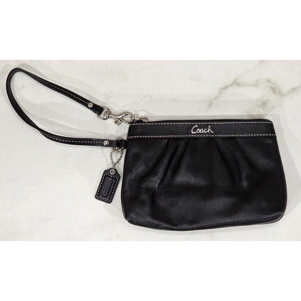 Vtg Coach Black Leather Pleated Wristlet Corner Zip Coin Purse Minimalist F43431